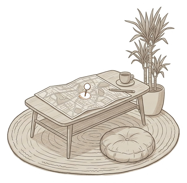 Dibujo: una mesa baja con un plano de la colonia y un alfiler