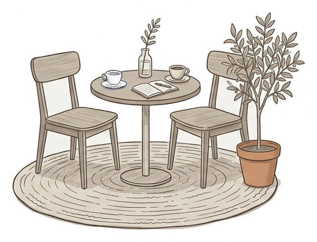 Dibujo: una mesita de café con dos sillas y dos tazas