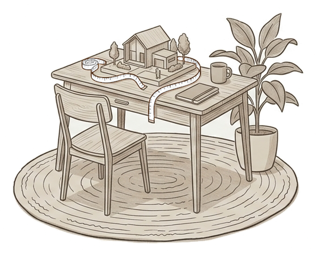 Dibujo: un escritorio con una maqueta de casa y una cinta métrica