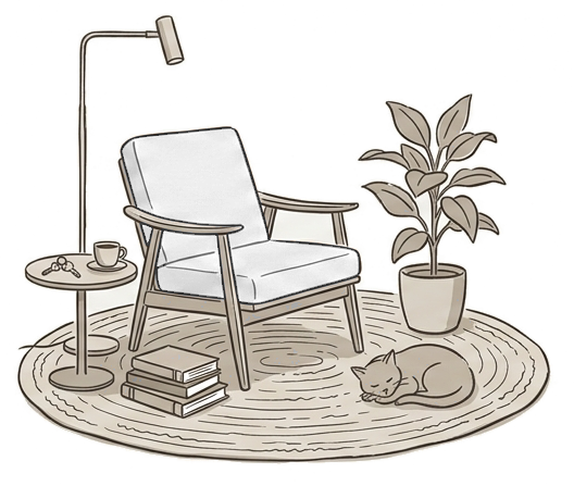Ilustración: un sillón de lectura junto a una lámpara, una mesita con café y unas llaves, libros, una planta y un gato dormido sobre un tapete